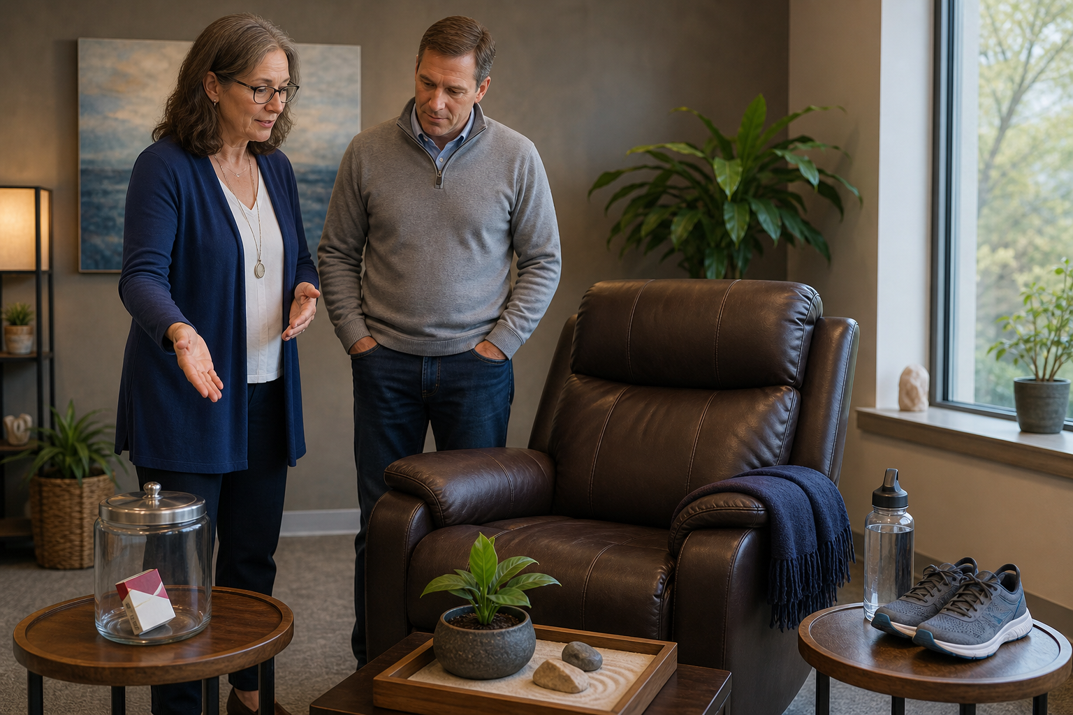 A mature female practitioner is visually explaining or orienting a male client to several distinct hypnotherapy cues—a cigarette pack in a disposal jar, a grounding plant area, and a walking routine setup—evidenced...