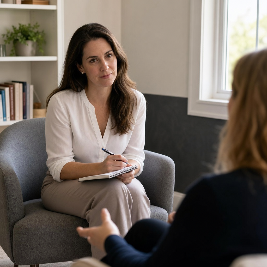 An adult woman stands in a home entry area appearing to contemplate or reflect, with visible cues su Can Hypnotherapy Help with PTSD, Smoking, and Weight Habits in Dayton? replacement image