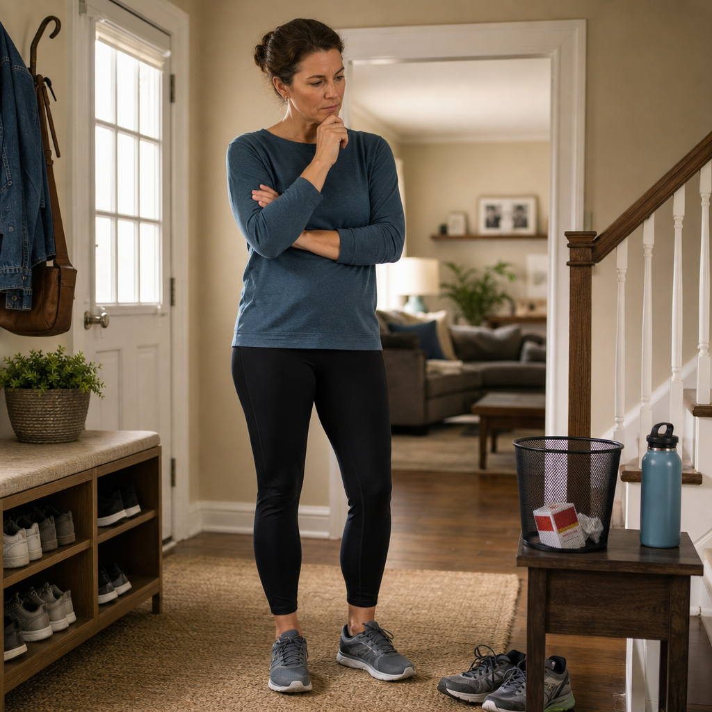 An adult woman stands in a home entry area appearing to contemplate or reflect, with visible cues such as disposed cigarette pack and walking shoes indicating possible awareness of smoking and healthy habits triggers.