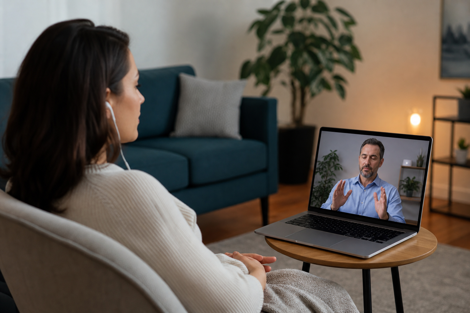 Virtual Hypnosis hero image for Does Virtual Hypnosis Work for Dayton, Ohio Clients, showing remote hypnosis, online hypnotherapy, video session, hypnosis session, hypnotherapy consultation, professional hypnotist in a clear article-specific hypnosis and hypnotherapy session context.