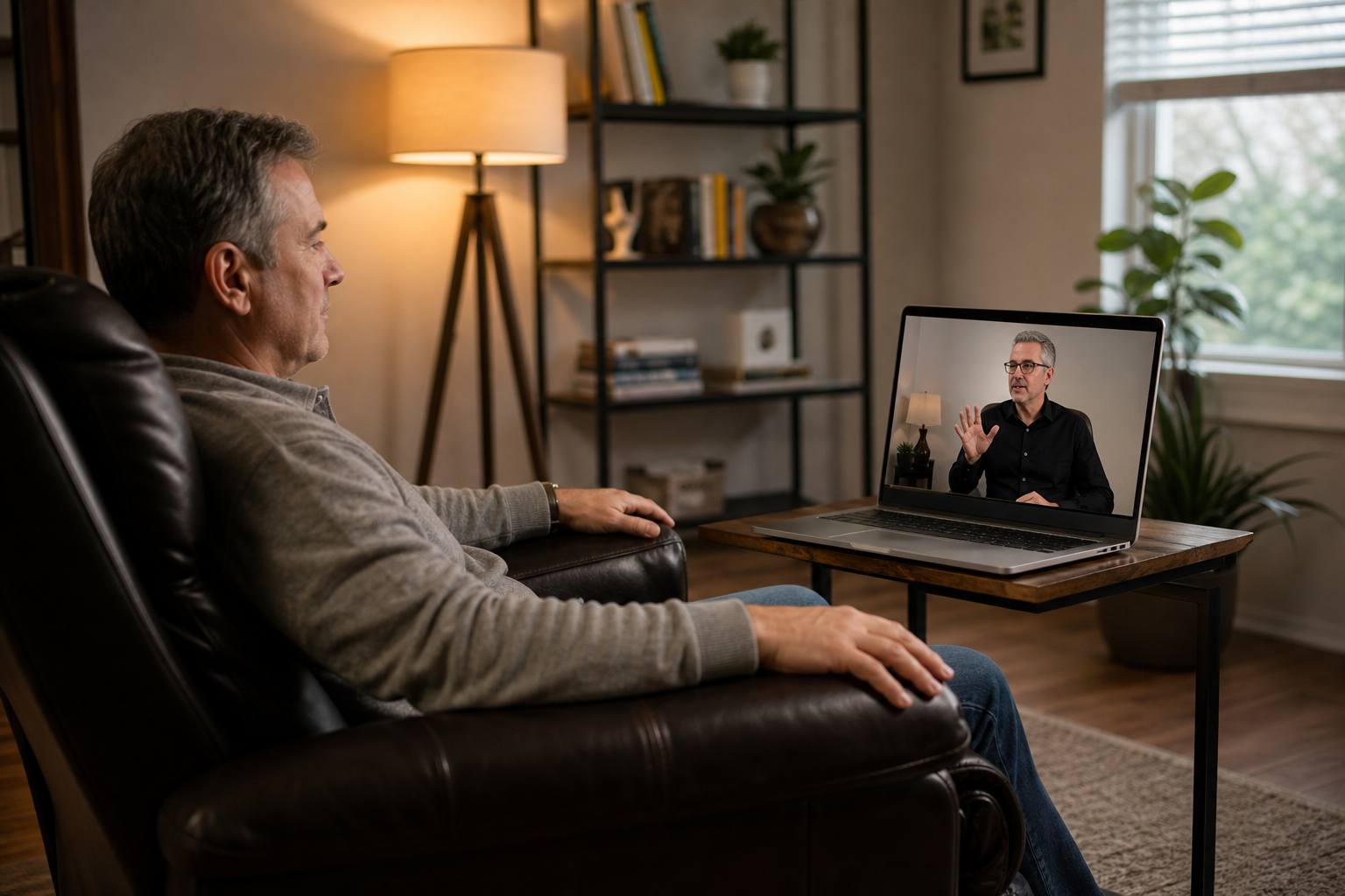 A mature man is seated in a leather recliner in a home setting, actively engaged in a live video session with a mature professional-looking practitioner visible on a laptop placed on a wooden table. The scene is...