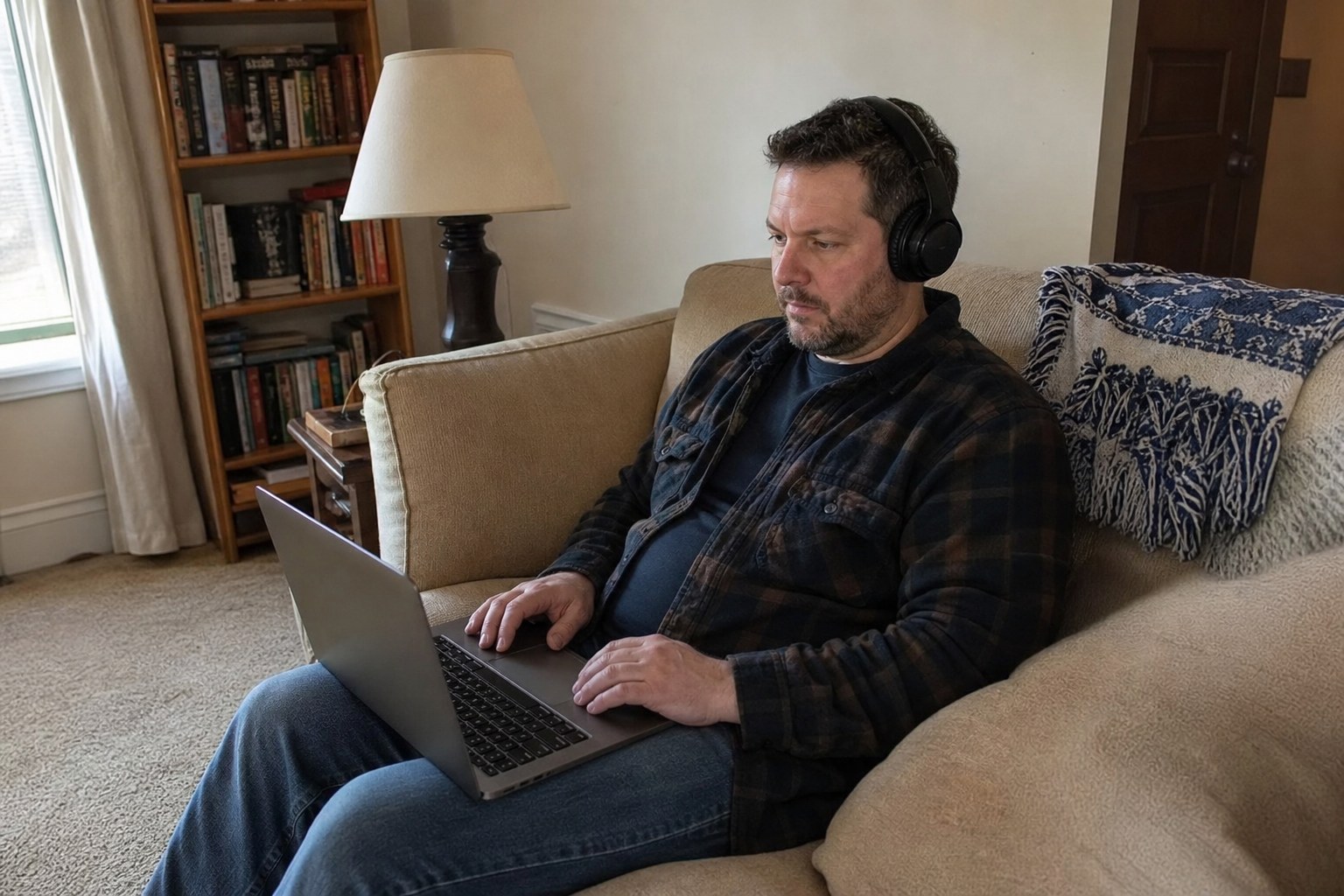 A nameless adult sits on a couch in a Dayton-area living room during a virtual hypnosis session, wearing over-ear headphones with both hands on a laptop.