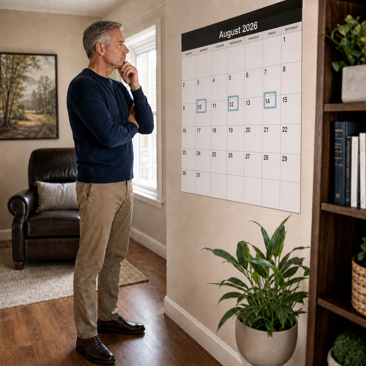 An adult male considering and possibly planning a sequence of appointments or events on a wall calendar.