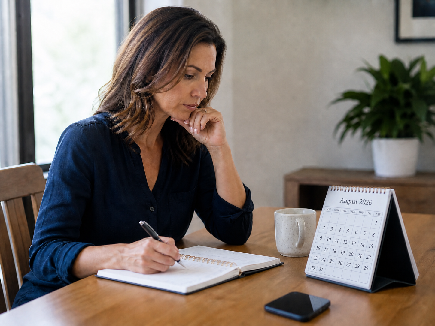 Woman writing in a planner beside a desk calendar while considering appointment timing