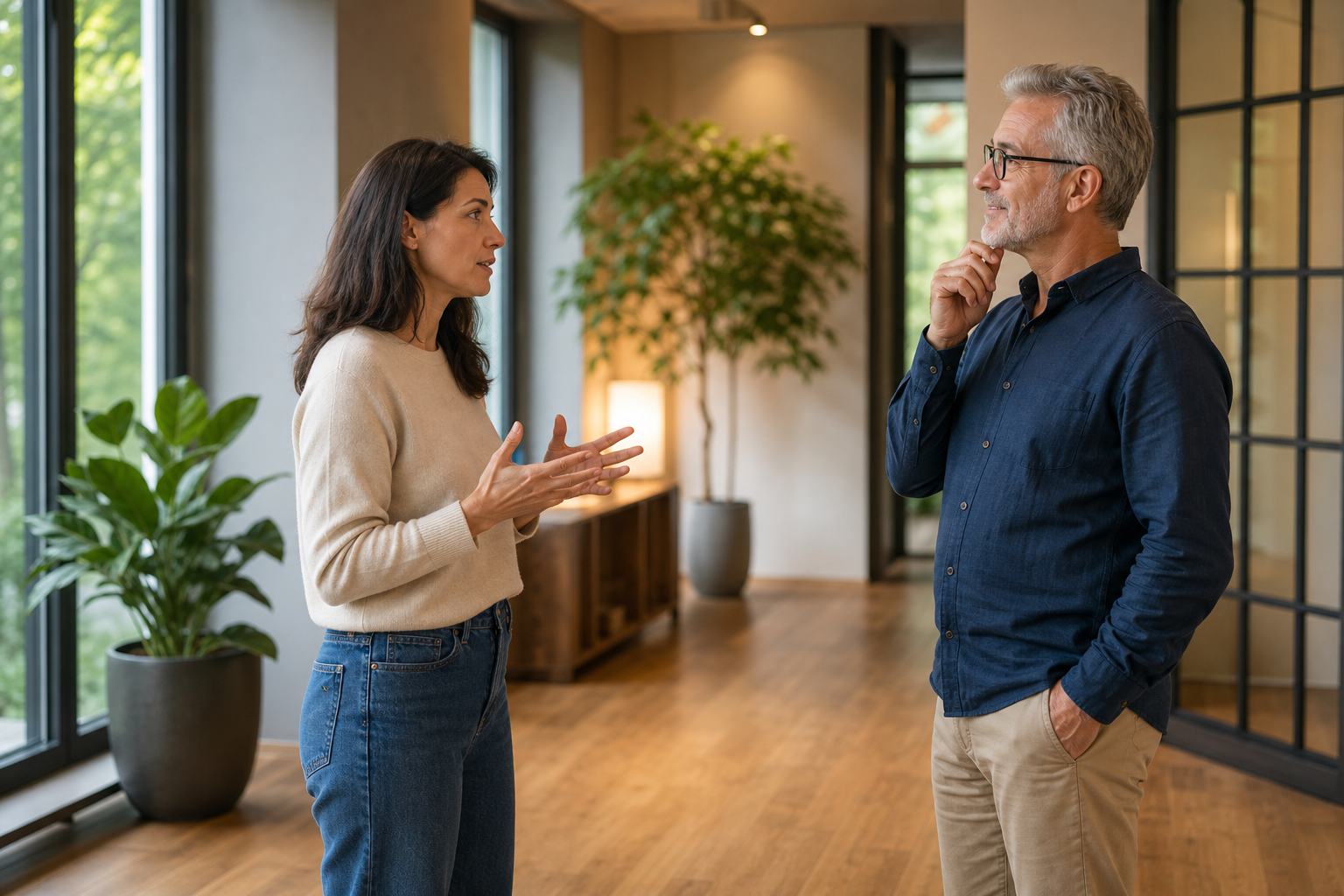 A woman is practicing how to clearly describe a situation or goal, likely preparing for a discussion or consultation, while a mature man listens thoughtfully, indicating a role-play or preparatory scenario.