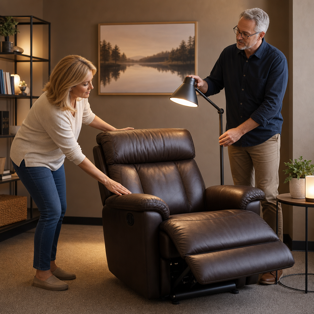 The two people prepare a comfortable seating area by adjusting a recliner and a lamp, likely to make the space inviting and suited for sitting.