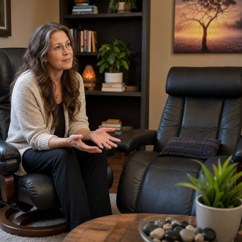 The woman appears to be explaining or discussing something in a calm, seated conversational setting, possibly preparing or informing someone about a topic.