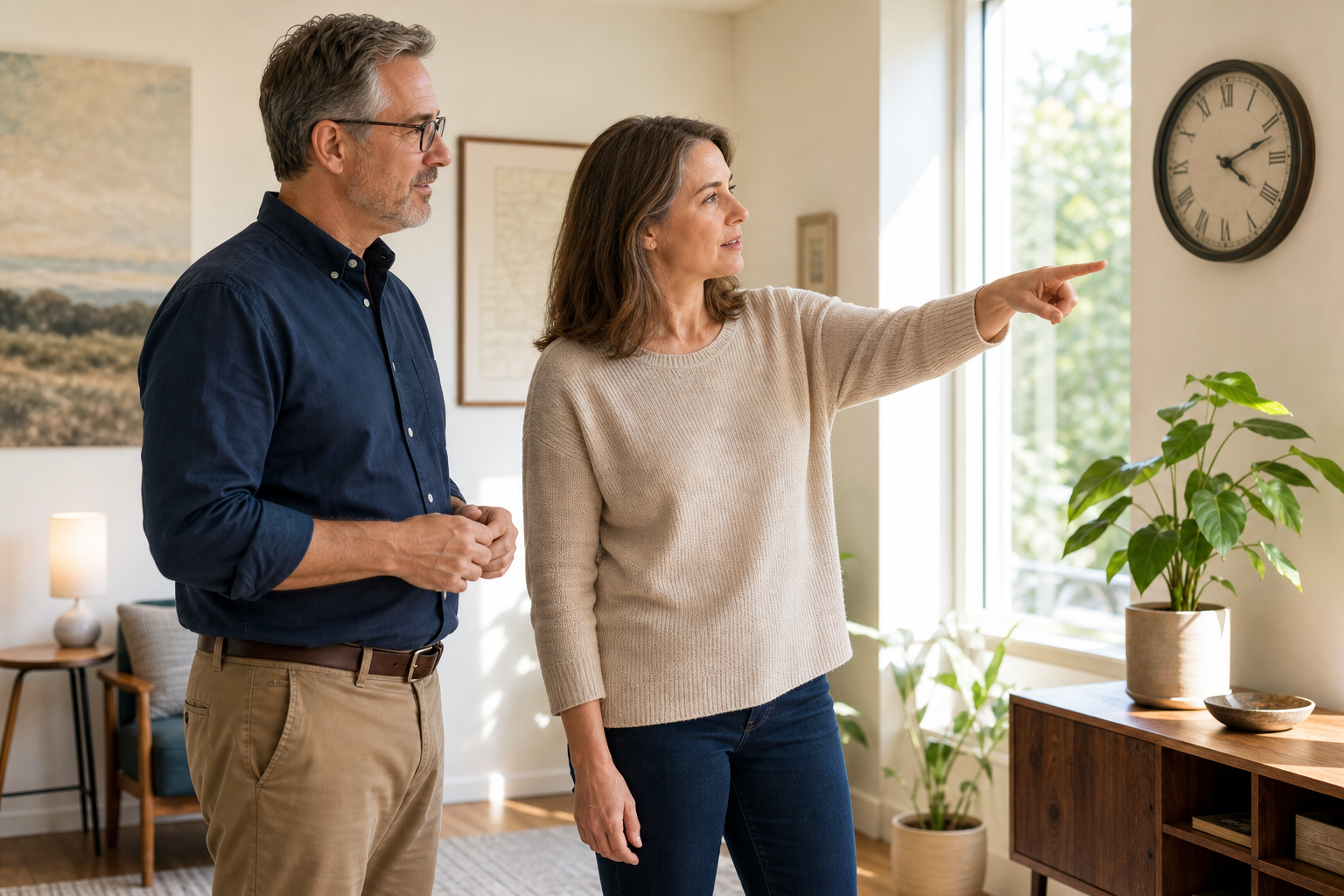 A naturalistic grounded orientation scene where the woman points out details in the room such as the clock, showing active engagement and grounding with the environment while the man observes.
