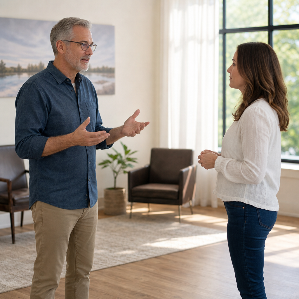 Mature practitioner explaining client choice and safety boundaries to prospective client before session.
