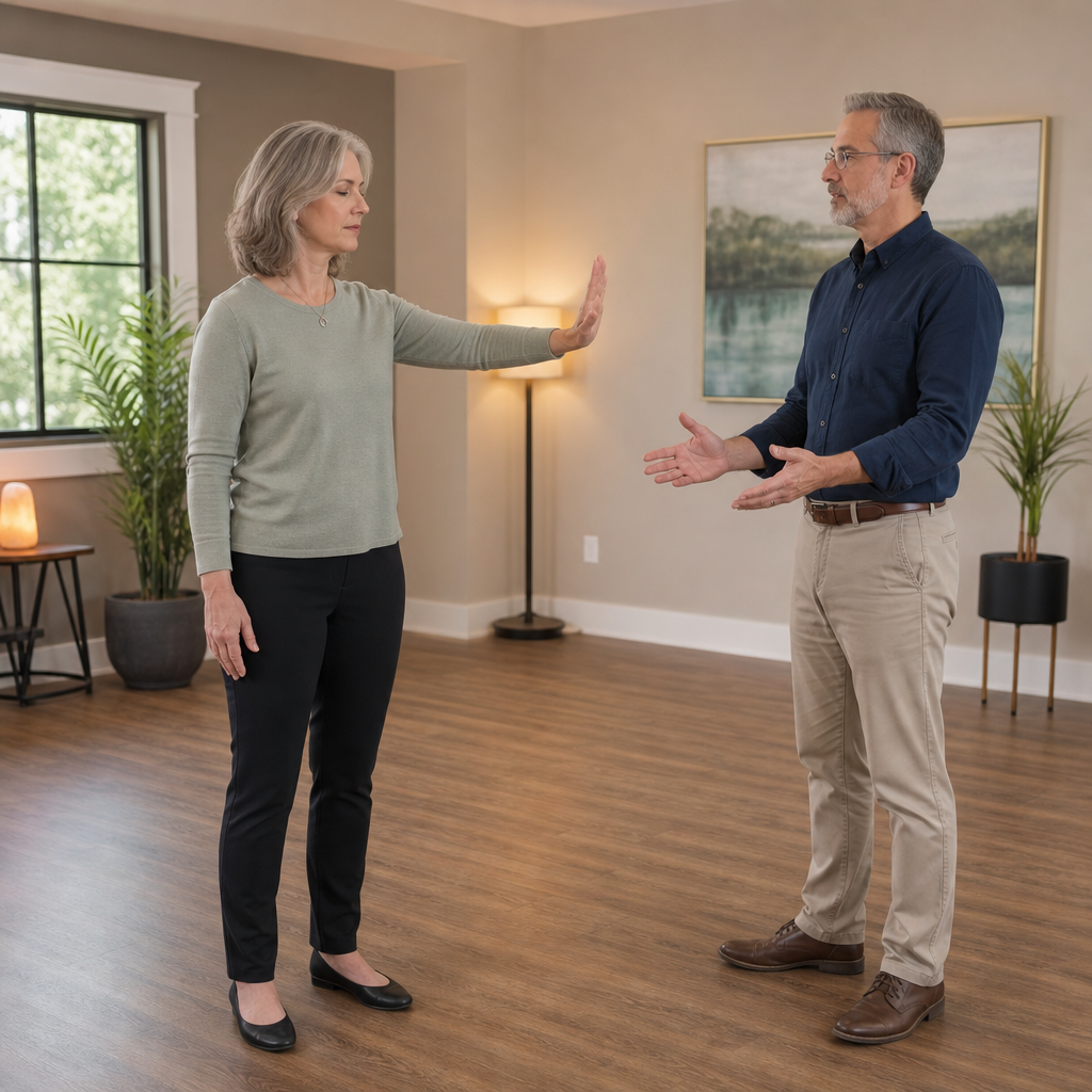 A client practices a pause gesture during a process demonstration with an attentive practitioner responding.