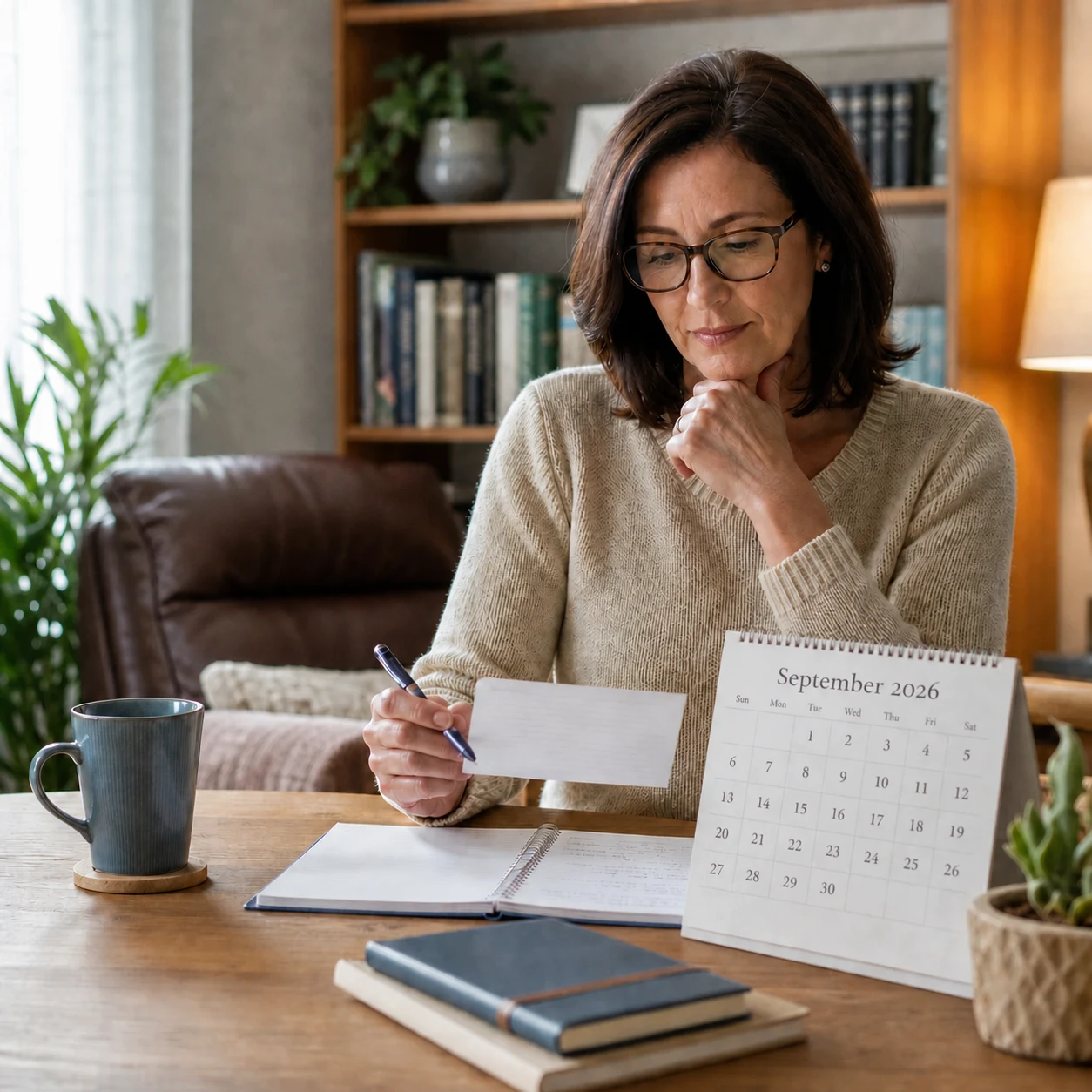A woman calmly reviews questions and notes beside a visible September 2026 calendar while preparing before a hypnotherapy appointment.