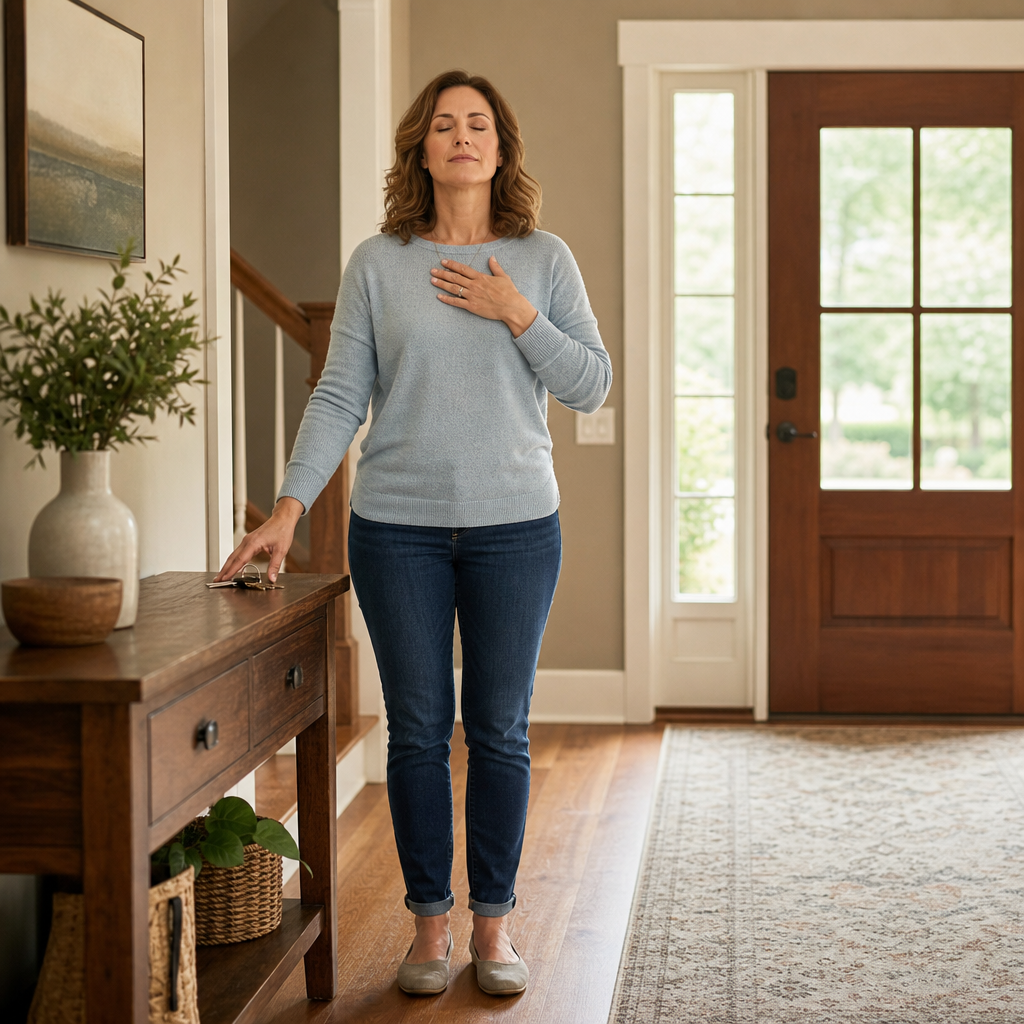 An adult woman interrupting an everyday moment by placing keys down and placing one hand on chest with eyes closed, suggesting mindful pause or emotional regulation.
