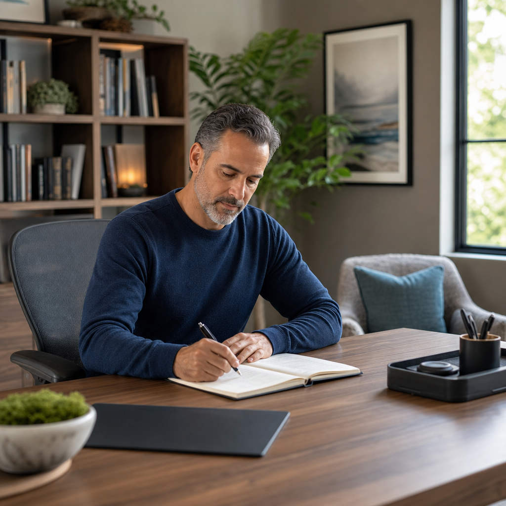 A man applying focused attention by writing calmly in a notebook in a quiet, well-decorated workspace.