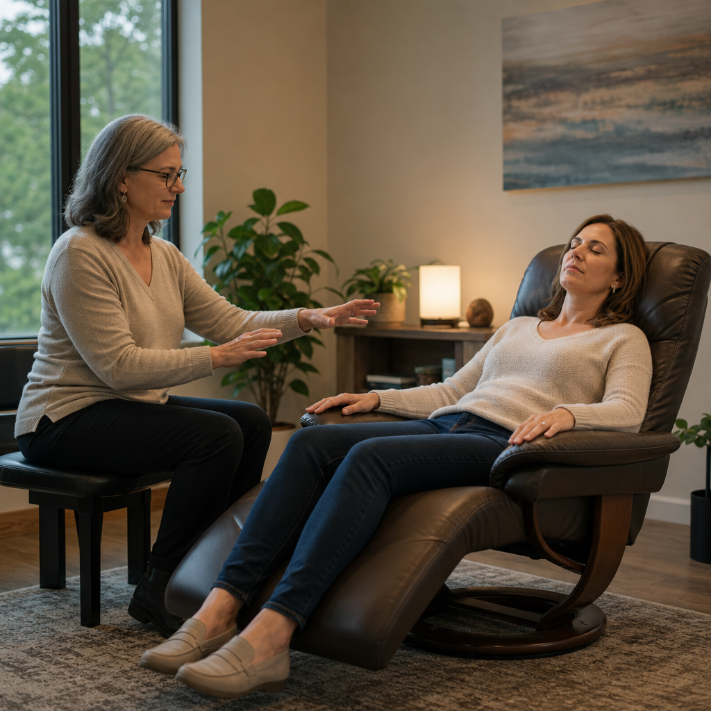 A therapeutic scene focused on hypnotherapy showing the practitioner actively engaging with a relaxed client in a reclined chair, which visually relates to stress relief and emotional regulation.