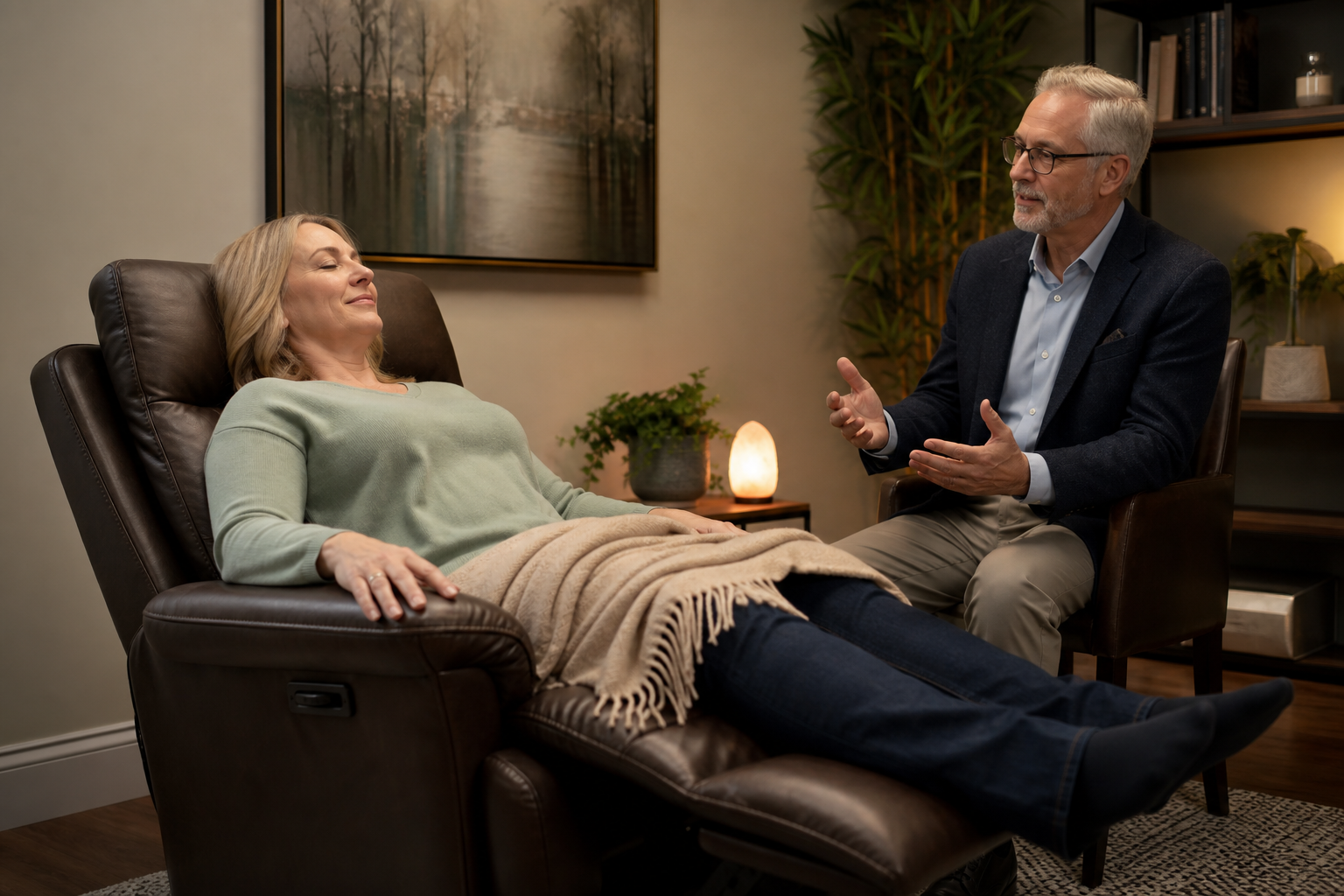Client is settled in a reclining chair with a blanket, appearing relaxed with eyes closed, while a mature practitioner sits nearby attentively explaining next steps or providing reassurance.