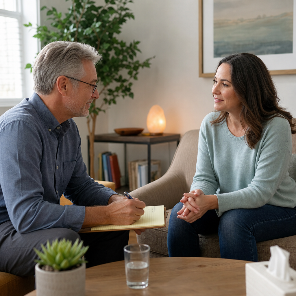 A mature man appears to be consulting a woman who is seated and listening, with the man taking notes, suggesting a preparation or consultation session.