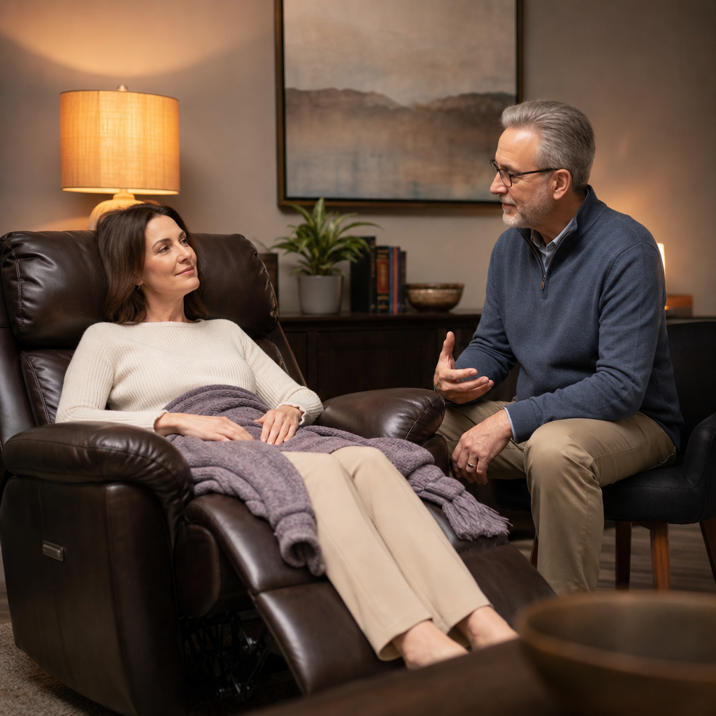 A client settling comfortably just before the hypnosis session with a practitioner calmly explaining the next step.