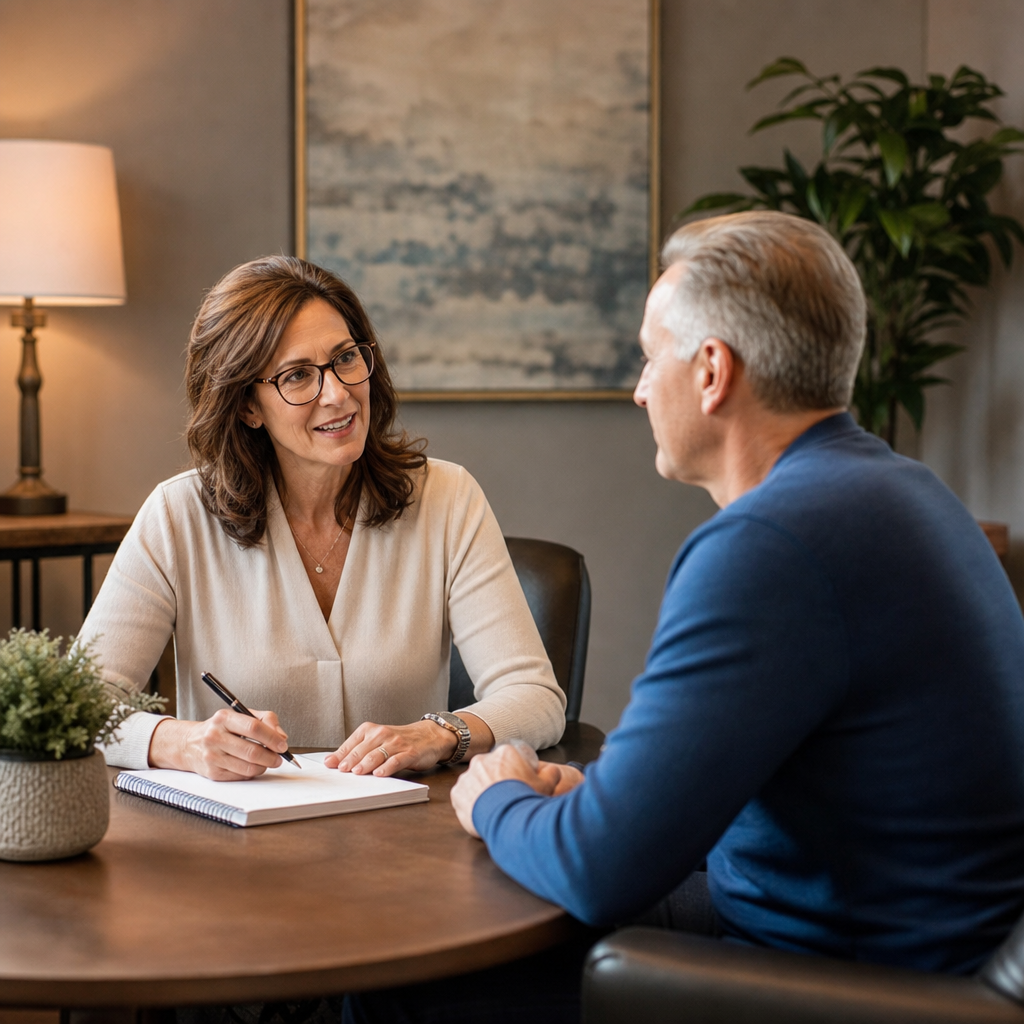 A consultation or pre-session discussion scene where a woman appears to be taking notes while talkin A consultation or pre-session discussion scene where a woman appears to be taking notes while talking to a man, suggesting a preparatory conversation or inquiry session.